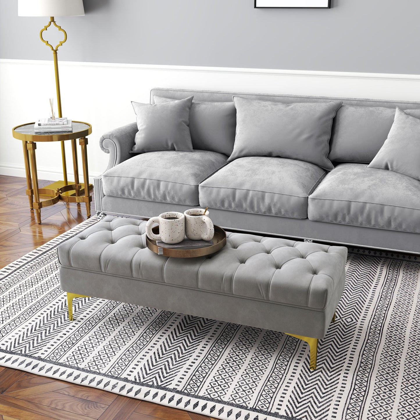 Poef – Opbergpoef – Zitzak – Voetenbankje – Kruk – Fluwelen Bekleding – Lichtgrijs – Met Opbergruimte – Verhoogde Metalen Poten – 118x45x42 cm