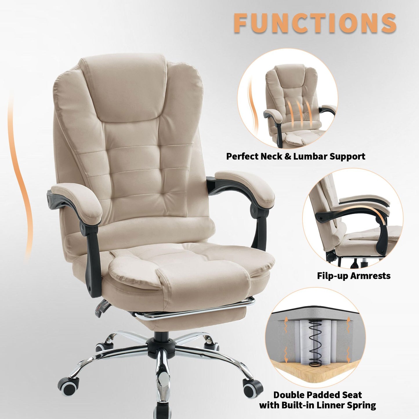 Ergonomische Bureaustoel – Gaming Stoel – Kantoorstoel – Computerstoel – Werkstoel – Pocketvering Lendensteun – Aluminium Frame – Comfortabele Brede Zitting – Kunstleer Beige