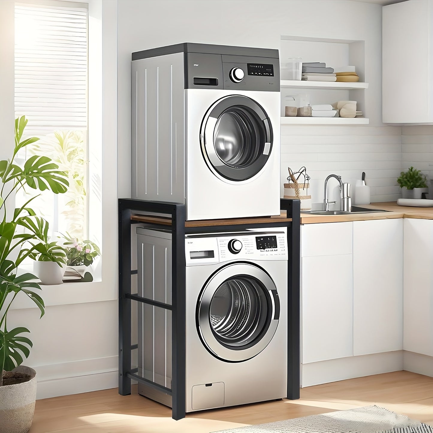 Wasmachine Rek – Wasmachine Ombouw – Wasmachine Kast – Droger Rek – Opbergrek – Zwart Metaal – Stabiel 350 kg Draagvermogen – Ruimtebesparend Stapelbaar Design
