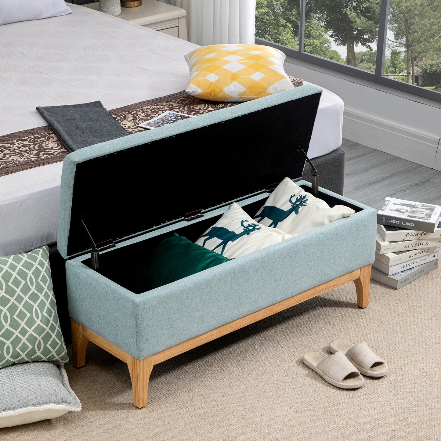 Opbergbank – Zitbank – Opbergkist – Halbank – Opbergbox – Scandinavisch Design – Ruime Opbergruimte 110x39x45 cm – Aqua Groen Stof