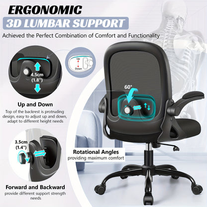 KERDOM Ergonomic Office Chair with Adjustable Height, 3D Lumbar Support & Breathable Mesh Back - Heavy-Duty Metal Frame, 360° Swivel Rolling Desk Chair with Flip-Up Armrests, Space-Saving Mid-Back Computer Chair for Home & O