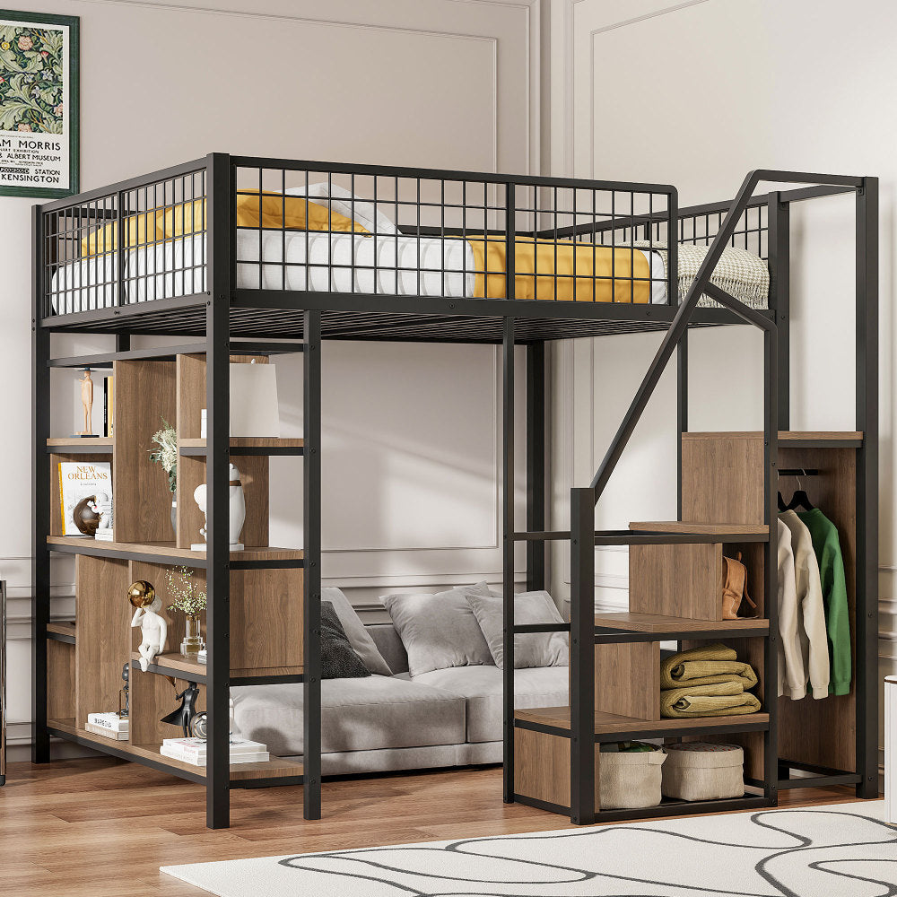 Bed – Bedframe – Bedden – Slaapbed – Stapelbed – Zwart – Metalen Frame – Opbergruimte – Trap – 140 x 200 cm