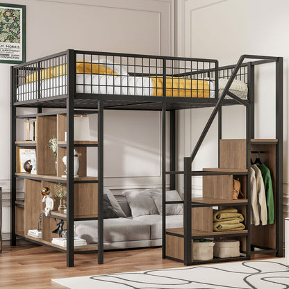 Bed – Bedframe – Bedden – Slaapbed – Stapelbed – Zwart – Metalen Frame – Opbergruimte – Trap – 140 x 200 cm