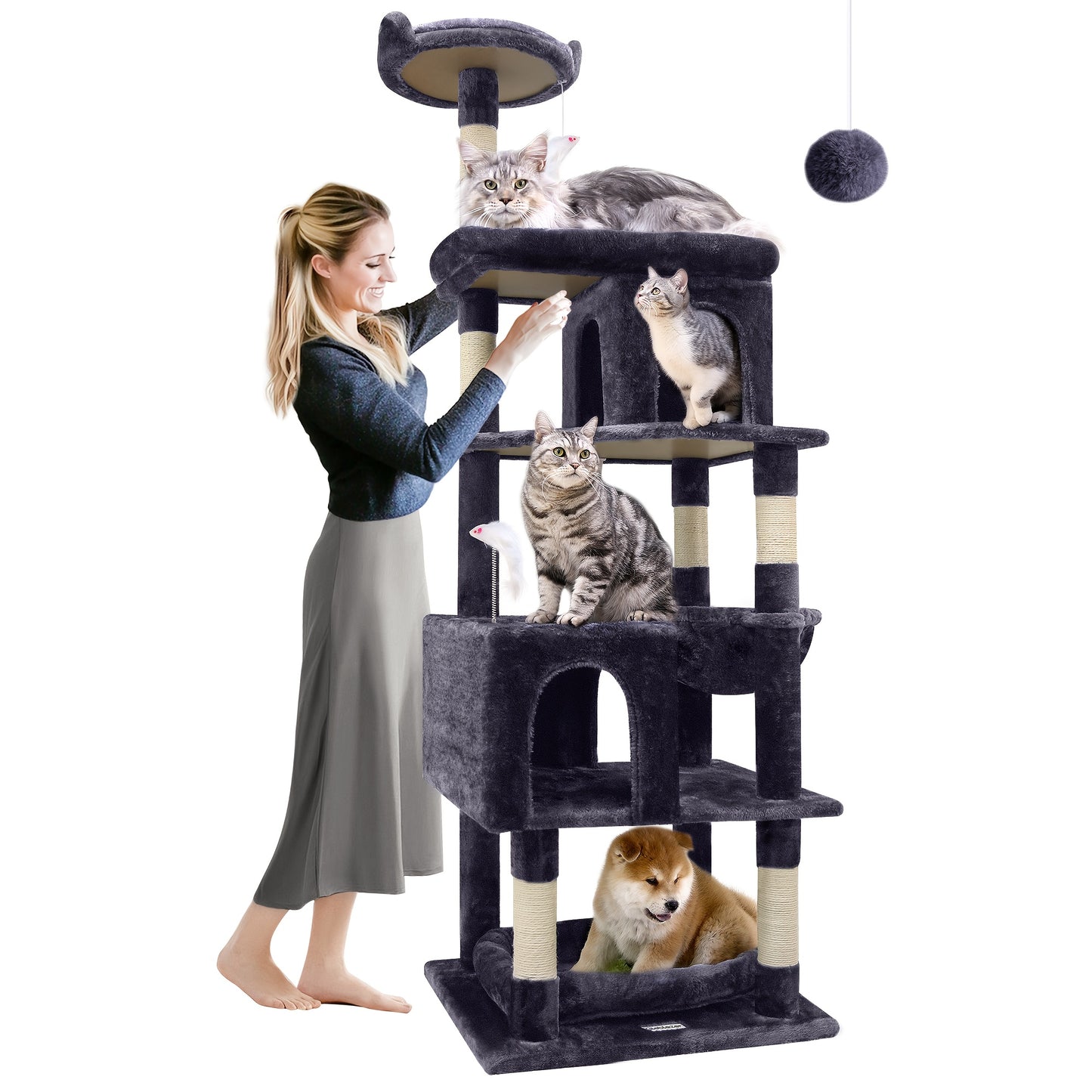 Kattenkrabpaal – Krabpaal – Krabmeubel – Kattenboom – Krabton – Extra Stevig En Ruim – 72 Inch Hoog Voor Grote Katten Vanaf 9 Kg – Met 6 Krabpalen En Hangmat – Donkergrijs