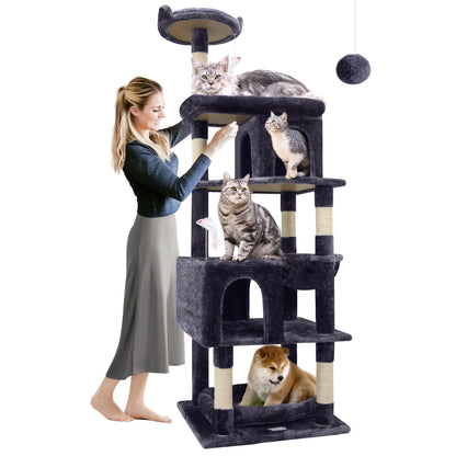 Kattenkrabpaal – Krabpaal – Krabmeubel – Kattenboom – Krabton – Extra Stevig En Ruim – 72 Inch Hoog Voor Grote Katten Vanaf 9 Kg – Met 6 Krabpalen En Hangmat – Donkergrijs