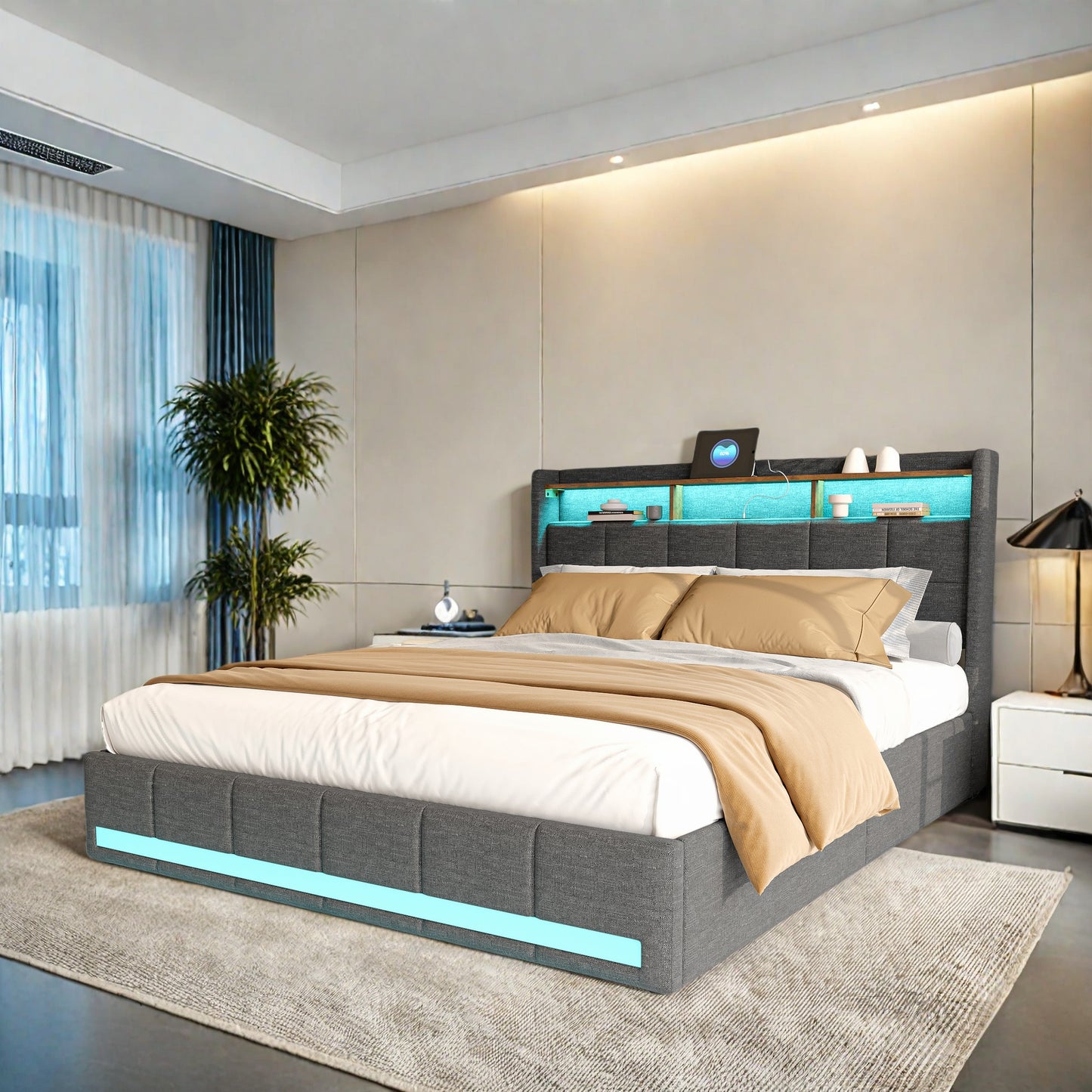 Bedframe – Tweepersoonsbed – Gestoffeerd Bed – Opbergbed – Bed met Laden – LED-verlichting – USB-oplaadfunctie – 160x200 cm – Grijze Linnen Bekleding