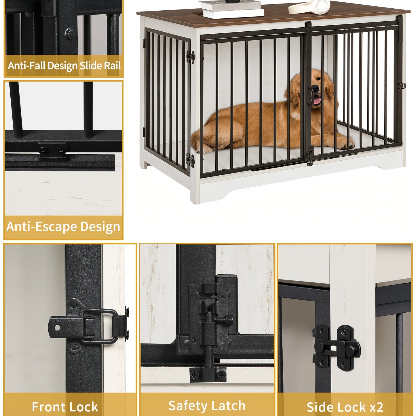 Hondenbench – Hondenkooi – Hondenhok – Hondenrek – Dierenbench – Wit Bruin – Duurzaam Hout & Staal – Heavy-Duty Anti-Kauw & Tweedelige Schuifdeuren – 60x100x68 cm