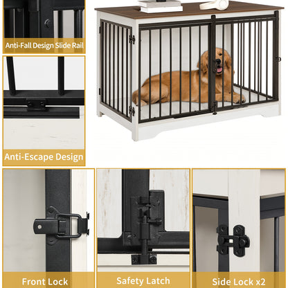 Hondenbench – Hondenkooi – Hondenhok – Hondenrek – Dierenbench – Wit Bruin – Duurzaam Hout & Staal – Heavy-Duty Anti-Kauw & Tweedelige Schuifdeuren – 60x100x68 cm