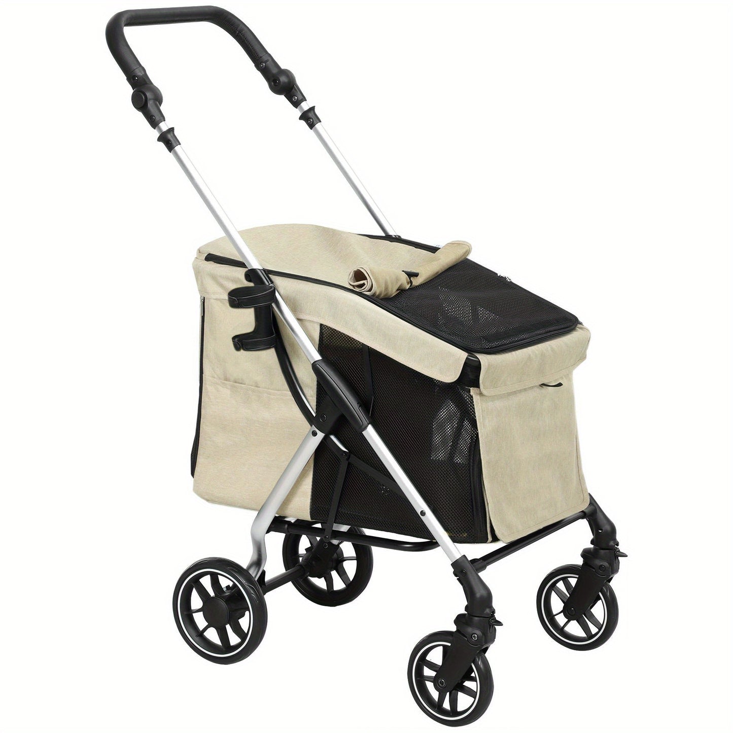 Hondenbuggy – Hondenwagen – Kattenbuggy – Dierenbuggy – Wandelwagen – Lichtgewicht Aluminium – Inklapbaar – Geschikt Tot 10 kg – Met Kussen – Ventilerende Mesh Ramen – Opbergbak – Khaki