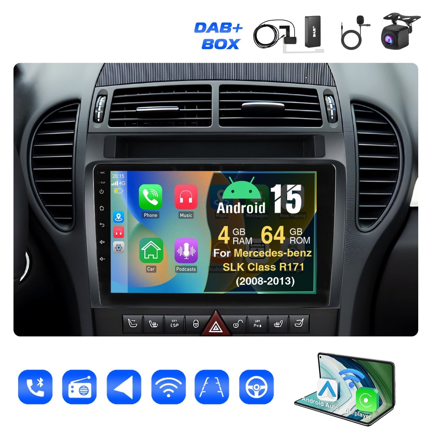Android Autoradio – Multimedia Systeem – 2 DIN Radio – Touchscreen Radio – Auto Stereo – 9-Inch IPS Scherm – Android 15 Met DAB+ En AHD Achteruitrijcamera