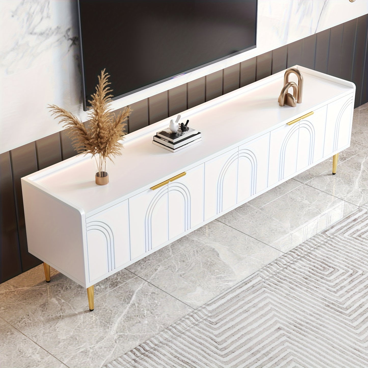 tv meubel – tv kast – tv meubelen – tv koffietafel – lowboard – klassiek design met glazen deuren – gouden handgrepen en poten – staand vloermodel – zonder montage