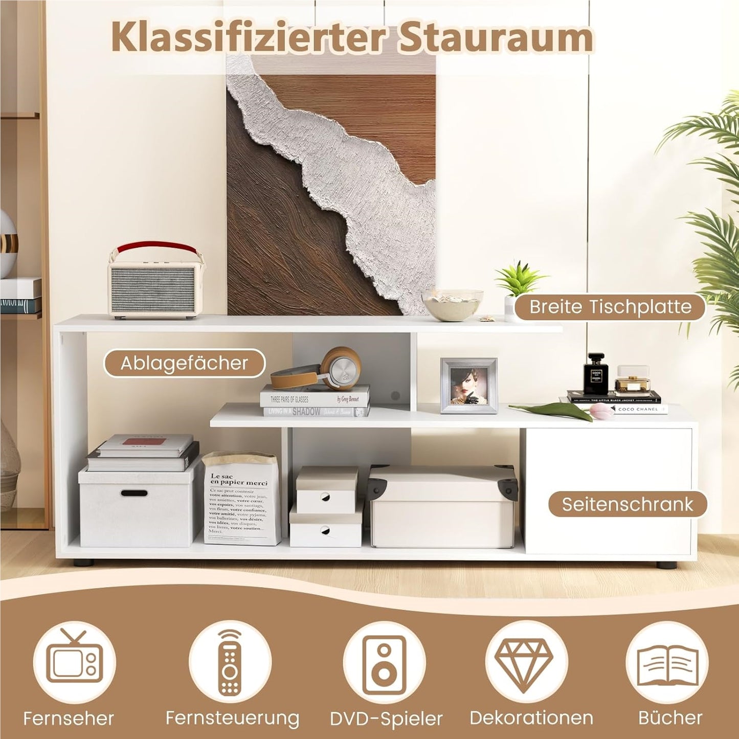 TV-meubel – TV-kast – Lowboard – Tv-meubel met opbergruimte – Tv-plank – Wit – Voor tv’s tot 55 inch – Uniek asymmetrisch design
