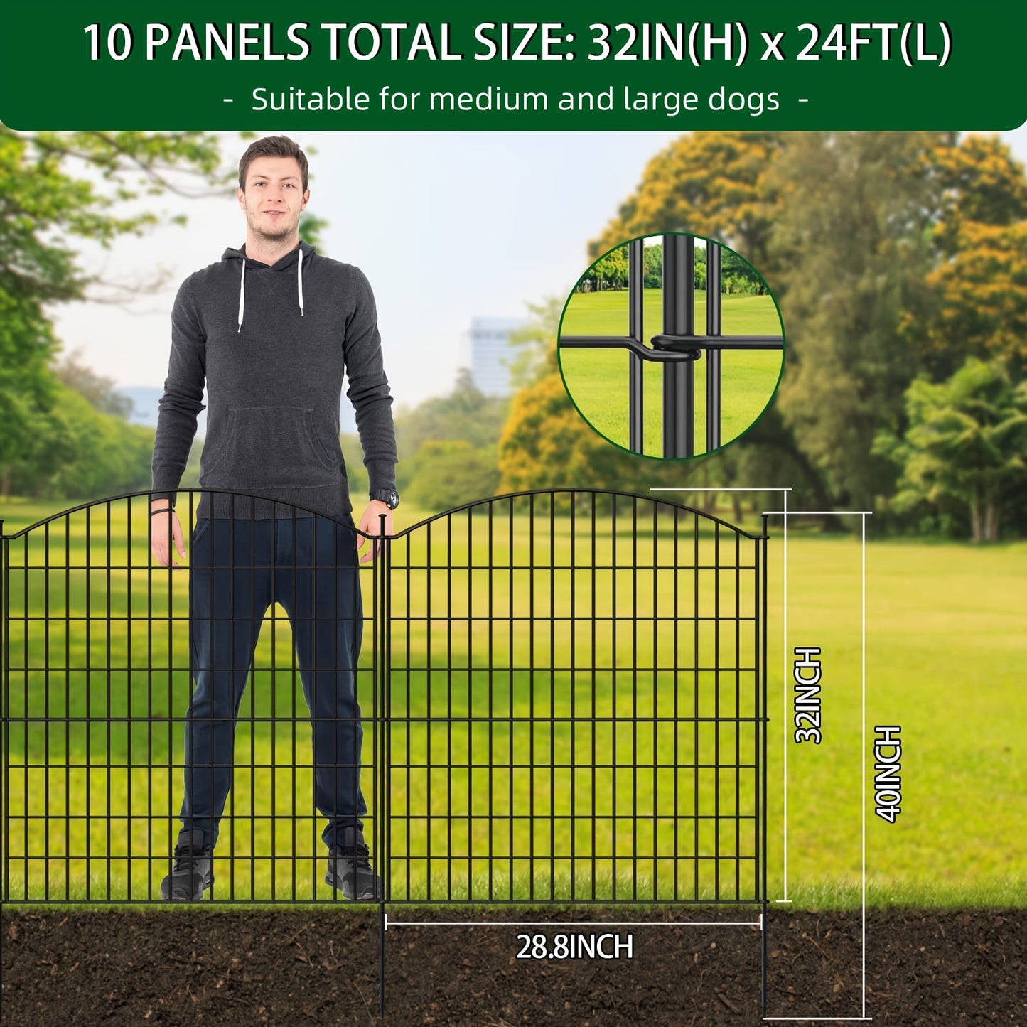 Rustproof Metal Outdoor Garden Fence with Black Frame & Clear Panel Design - Heavy-Duty 73.66x81.28 cm Tall Animal Barrier for Dogs, Rabbits, Landscape Edging & Patio - Easy Assembly with Stakes, Decorative Wire Mesh Fencing