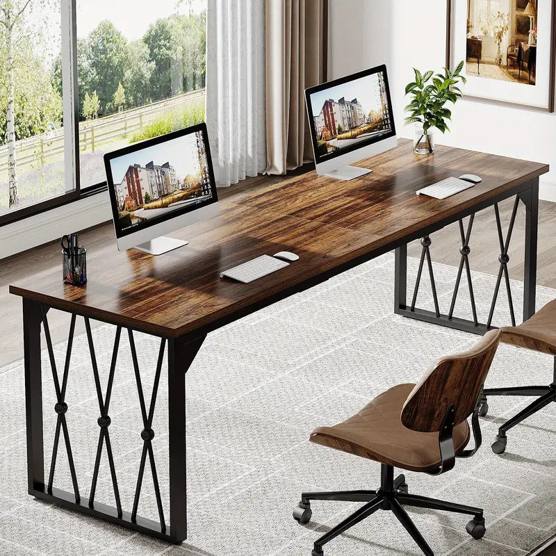 Extra Lang Bureau – Schrijftafel – Werktafel – Vergadertafel – Eettafel – Zwart Metalen Poten – Bruin Blad – Stevig Ontwerp – Geschikt Voor 1-8 Personen