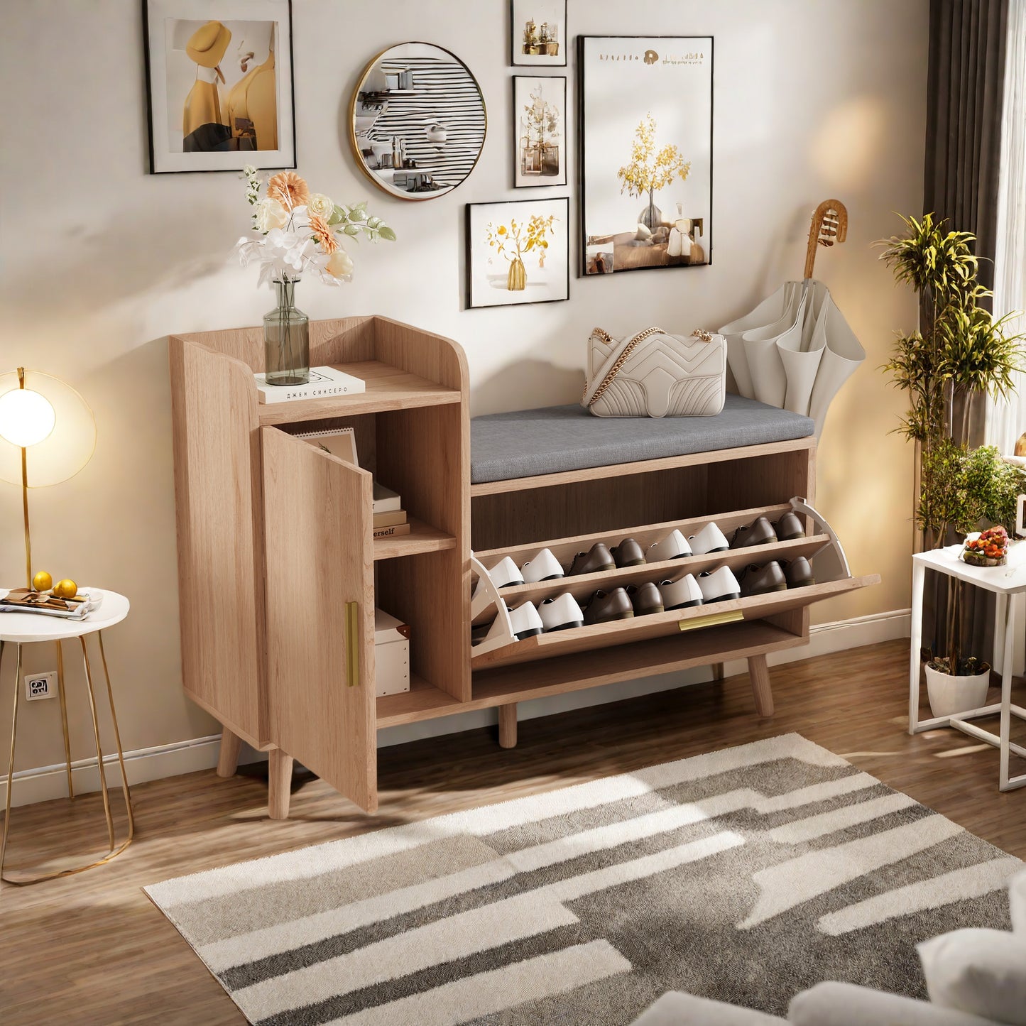 Schoenenkast – Schoenenrek – Schoenenopberger – Opbergkast – Smal Design – Schuine Laden – MDF & Hardhout – Zitkussen