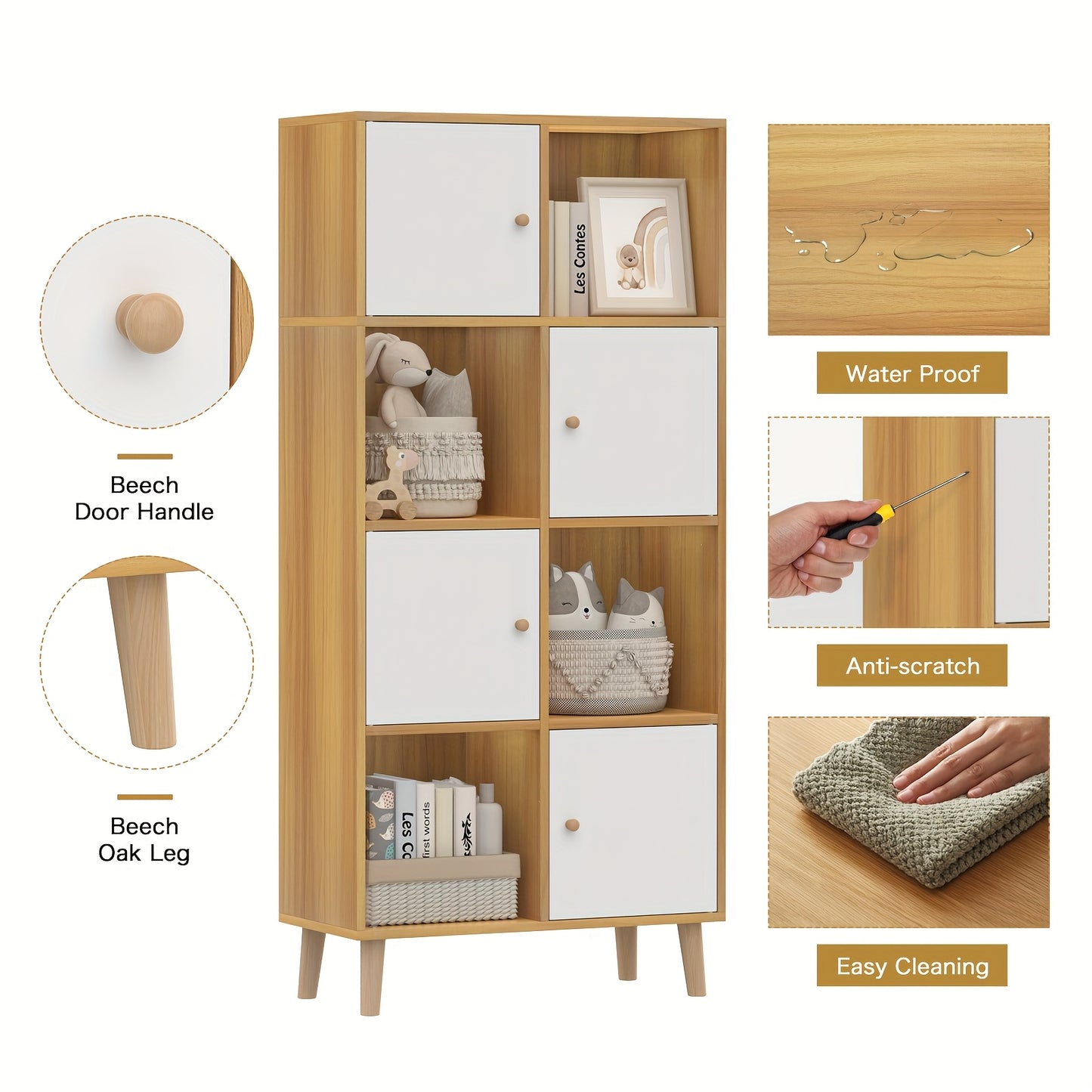 Boekenkast – Boekenrek – Opbergkast – Vakkenkast – Kast – Hout – 4 Deuren – 8 Vakjes – 64,5x30x140,5 cm – Vrijstaand Met Houten Poten