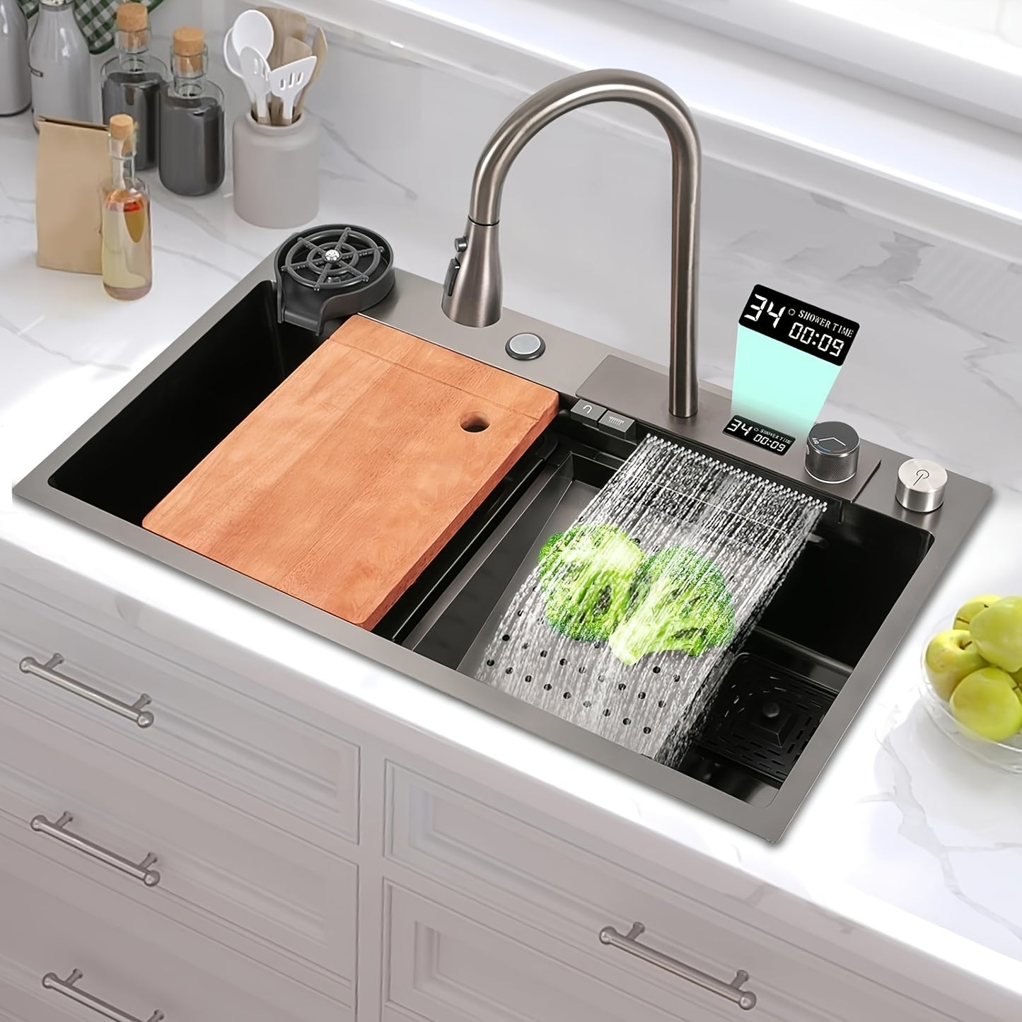 Keukenspoelbak – Spoelbak RVS – Keukenspoelbak Enkel – Werkstation Spoelbak – Enkele Kom Spoelbak – 68x45 cm – Roestvrij Staal – Digitaal Display Met Kraan Combo