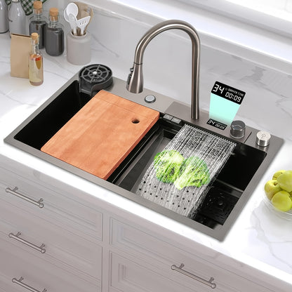 Keukenspoelbak – RVS Spoelbak – Wasbak – Spoelbak Met Kraan – Multifunctionele Spoelbak – 80x45 cm – Digitaal Display – Inclusief Snijplank