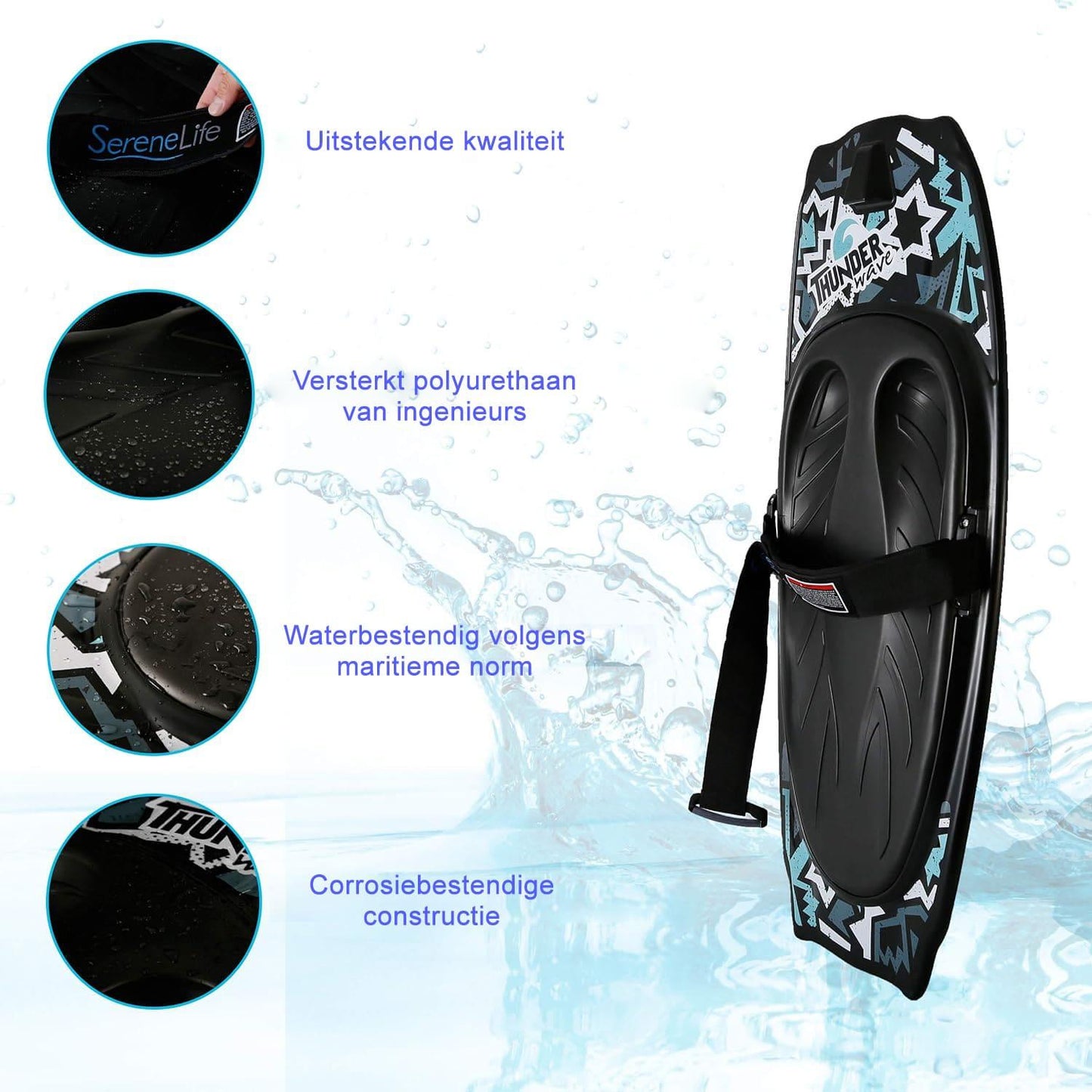 Kneeboard – Watersport Board – Kniesurfboard – Bodyboard – Waterplank – Zwart/Blauw – Ultralicht Gewicht – Inclusief Verstelbare Veiligheidsband