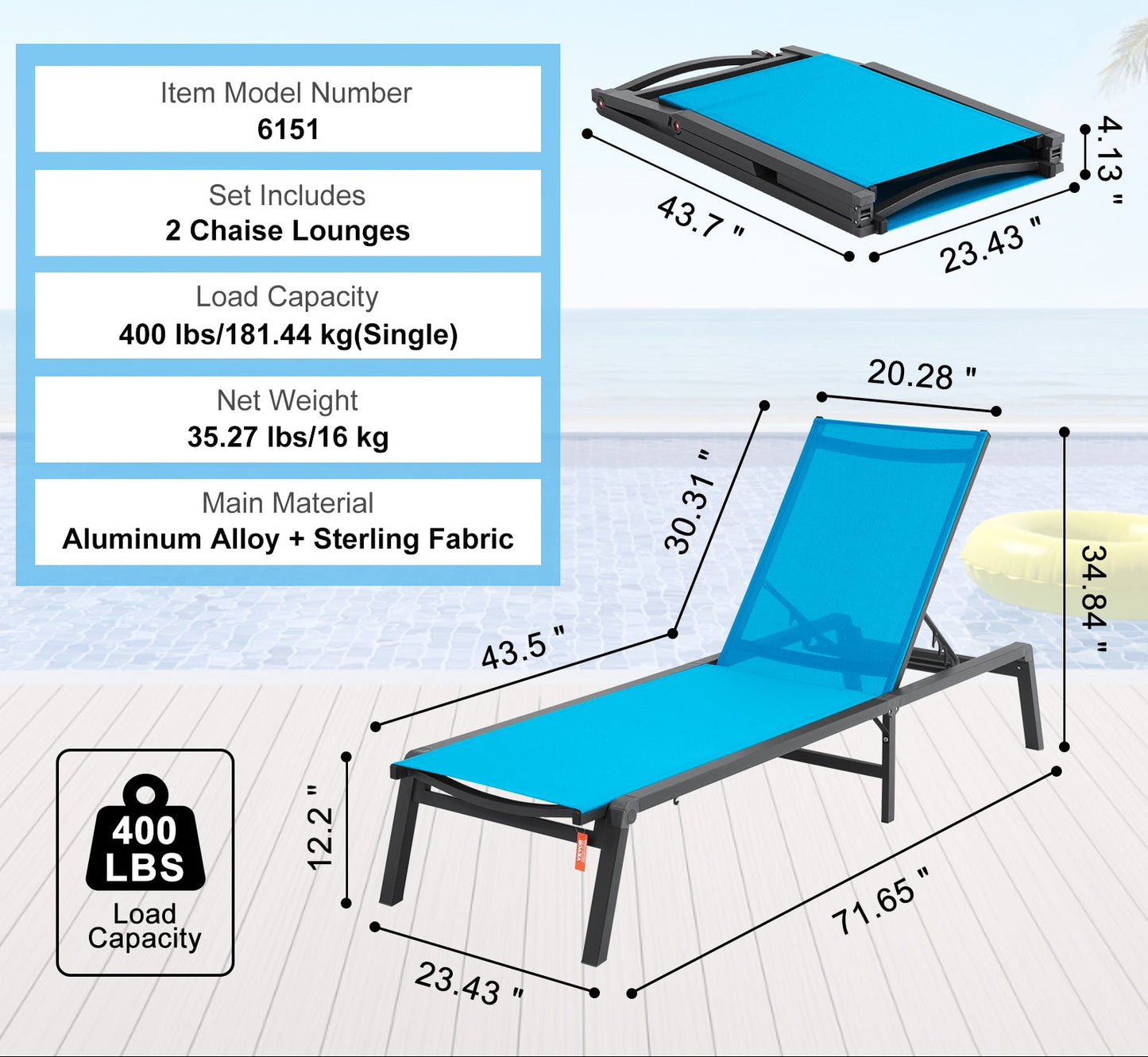Ligstoel – Tuinstoel – Zonnestoel – Relaxstoel – Loungestoel – Verstelbare Rugleuning – Aluminium Frame – Set van 2
