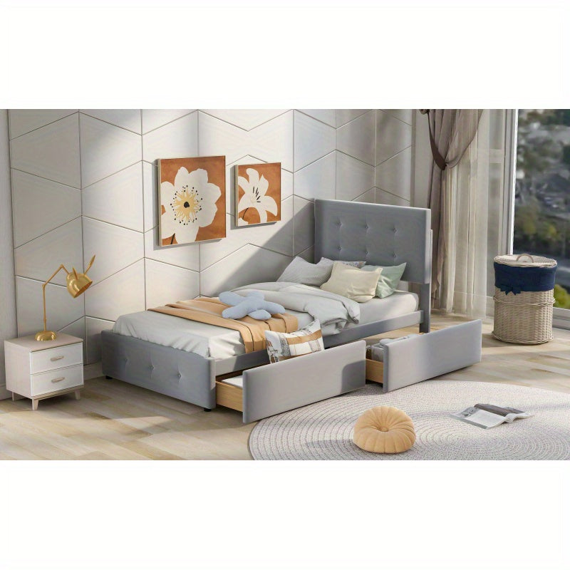 Eenpersoonsbed – Eenpersoonsbedden – Kinderbed – Opbergbed – Logeerbed – Verstelbaar Hoofdsteun – 2 Opberglades – Licht Beige Velours – Lattenbodem – Geen Montage