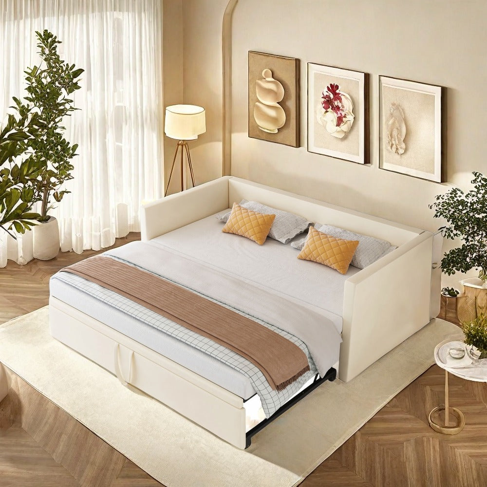 Uitschuifbare Bedbank – Slaapbank – Bedbank – Slaapbank Met Bed – Grijze Velvet Bekleding – 90/180x200 cm – Slim Uitschuifsysteem – Comfortabele Houten Lattenbodem