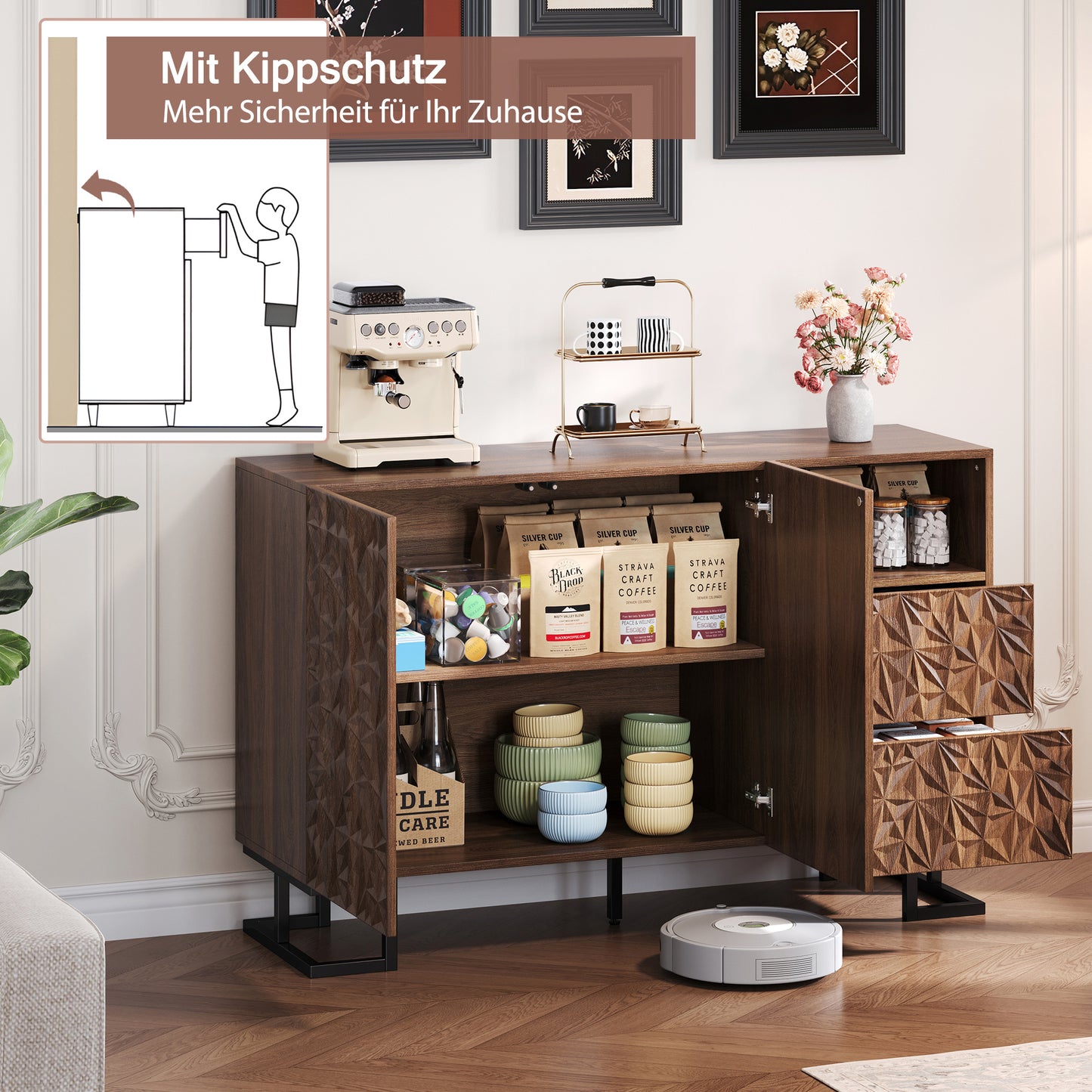 Dressoir – Buffet – Opbergkast – Sideboard – Kast – Walnootfineer – Push-to-open Greeploos – Met Kantelbeveiliging