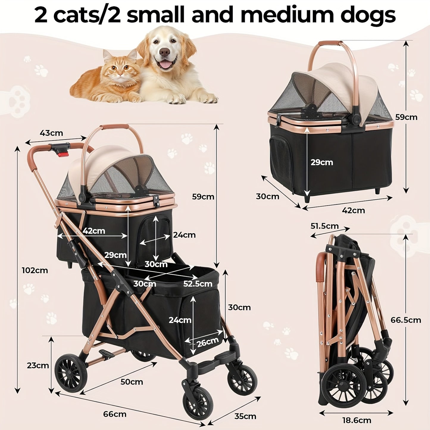 Draagbare Dierenwagen – Hondenwagen – Kattenbuggy – Huisdier Trolley – Meerzweepwagen – 360° Zwenkwielen – 25KG Draagvermogen – Opvouwbaar Met Mesh Ramen Champagne & Zwart