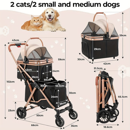 Draagbare Dierenwagen – Hondenwagen – Kattenbuggy – Huisdier Trolley – Meerzweepwagen – 360° Zwenkwielen – 25KG Draagvermogen – Opvouwbaar Met Mesh Ramen Champagne & Zwart