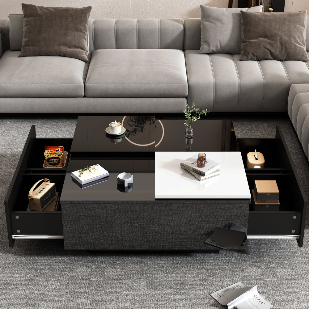 Salontafel – Koffietafel – Bijzettafel – Woonkamertafel – Tafeltje – Hoogglans Zwart – Wit Schuifblad – Compact 75x75x33,5 cm – Draagkracht 30 kg