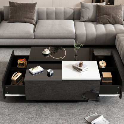 Salontafel – Koffietafel – Bijzettafel – Woonkamertafel – Tafeltje – Hoogglans Zwart – Wit Schuifblad – Compact 75x75x33,5 cm – Draagkracht 30 kg