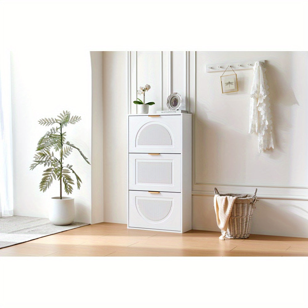 Modern White Narrow Shoe Cabinet with 3-Tier Shelves & Baffles - Space-Saving Vertical -Standing MDF Shoe Storage Unit, Golden-Like Label-Compatible for Hallway, Living Room, Entryway - Compact Shoe Rack (60x24x114cm), Shoe S