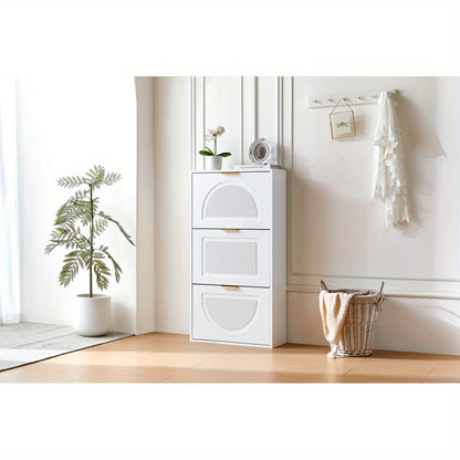 Modern White Narrow Shoe Cabinet with 3-Tier Shelves & Baffles - Space-Saving Vertical -Standing MDF Shoe Storage Unit, Golden-Like Label-Compatible for Hallway, Living Room, Entryway - Compact Shoe Rack (60x24x114cm), Shoe S