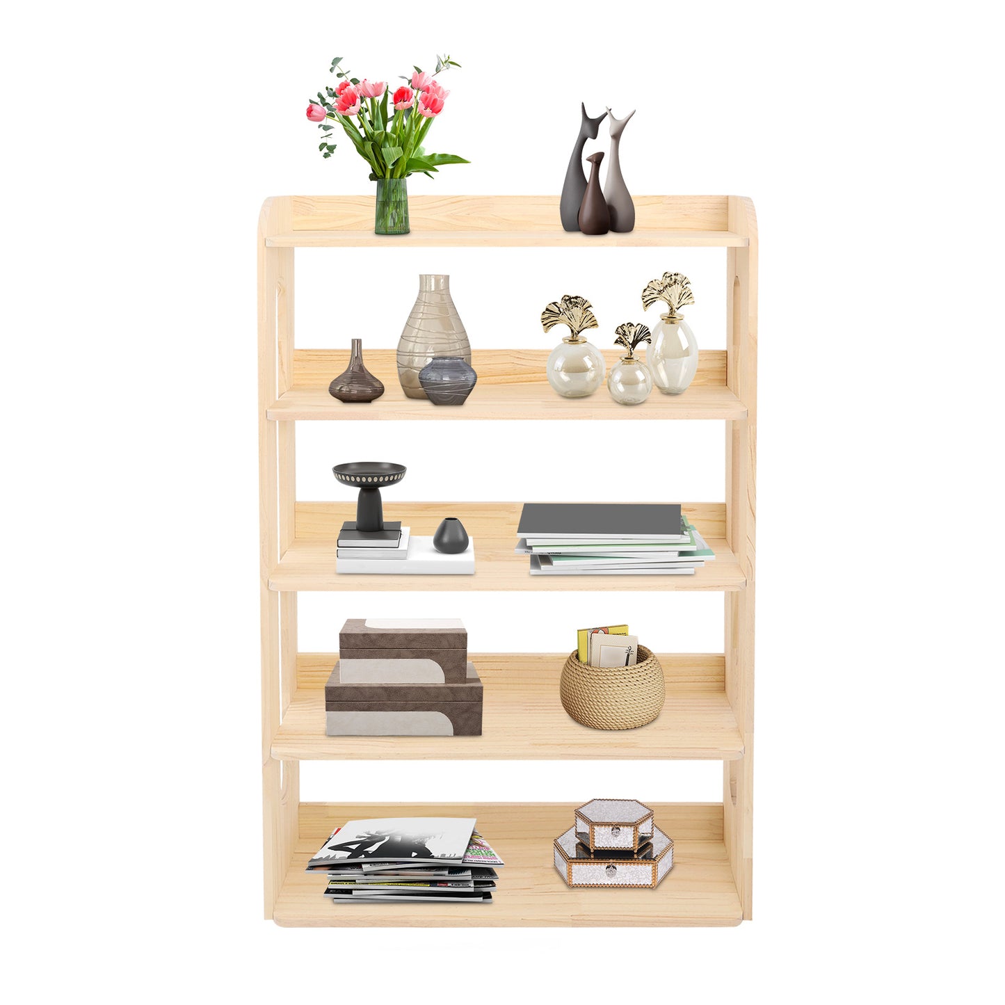Boekenkast – Boekplank – Opbergkast – Boekrek – Boekstelling – 5-Laags – Onbehandeld Dennenhout – 80x26x130 cm – Ruimtebesparend Design