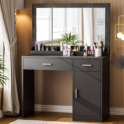 Makeuptafel – Kaptafel – Make-up Tafel – Schoonheidstafel – Cosmeticatafel – Zwart – Grote Spiegel – 2 Laden & Kast – Stevige Constructie