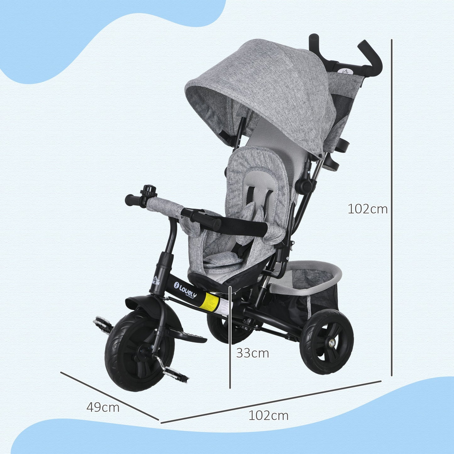 Kinderdriewieler – Driewieler Voor Kinderen – Kinderfiets – Loopfiets – Fiets Met Bekerhouder – Grijs – Met Stevig Metalen Frame – Beschermend Zonnescherm