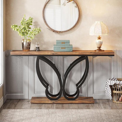 Landelijke Sidetable – Haltafel – Wandtafel – Sofatafel – Console – 140 cm Breed – Met Vlinder Metaalframe – Robuust Hout – Verstelbare Voetjes – Rustic Bruin & Zwart