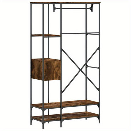 Multi-Tier Metal Clothes Rack with Smoked Oak Wood Shelves - Freestanding Storage Organizer for Bedroom, Bathroom, Wardrobe - Perfect for Hanging Clothes, Bags & Accessories, Clothes Organizer Storage