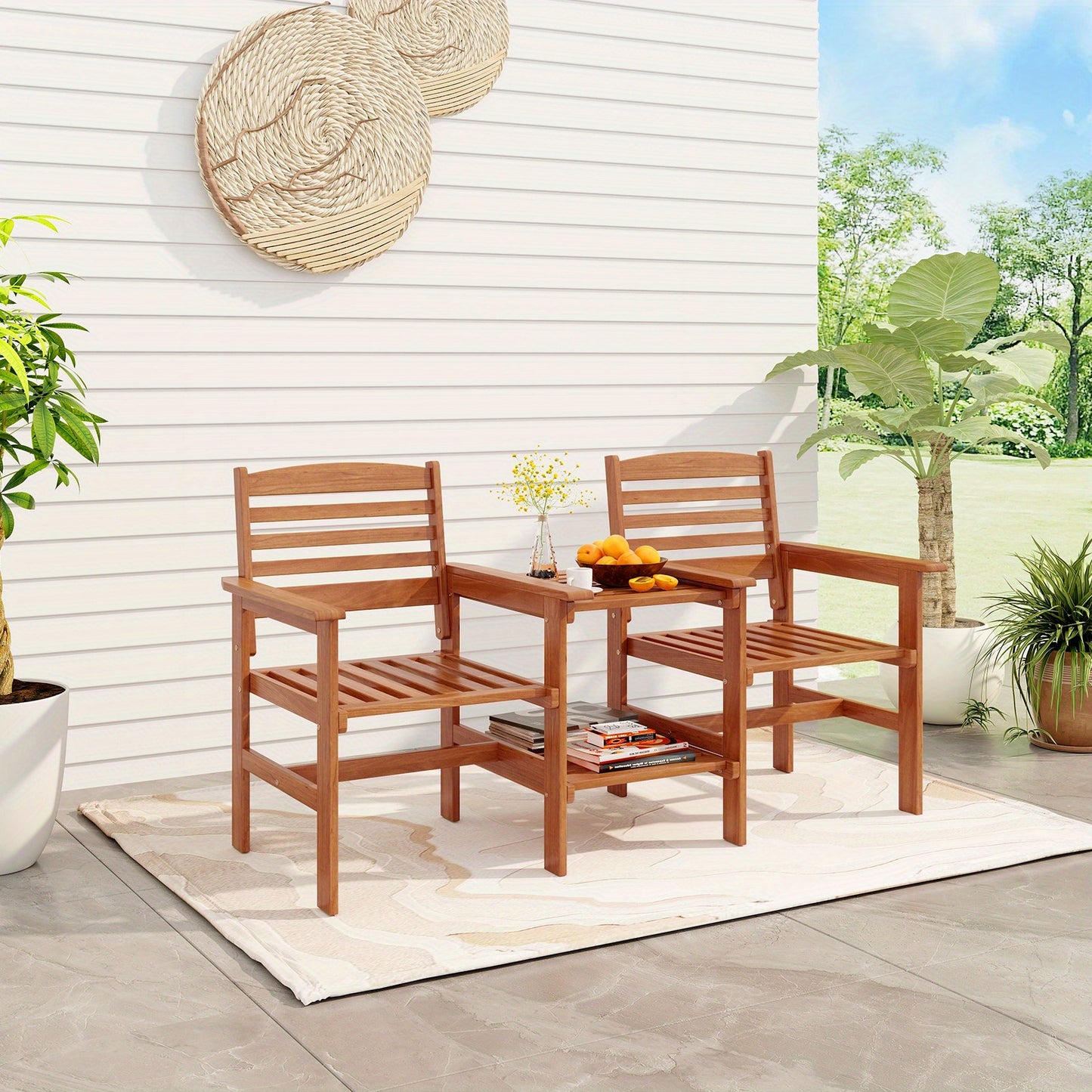 Tuinbankje – Tuinbank – Buitenbank – Zitbank – Balkonbank – 2-zits Houten Tuinbank Met Tafel En Parasolhouder – 159,5x61,5x88 cm – Duurzaam Hout