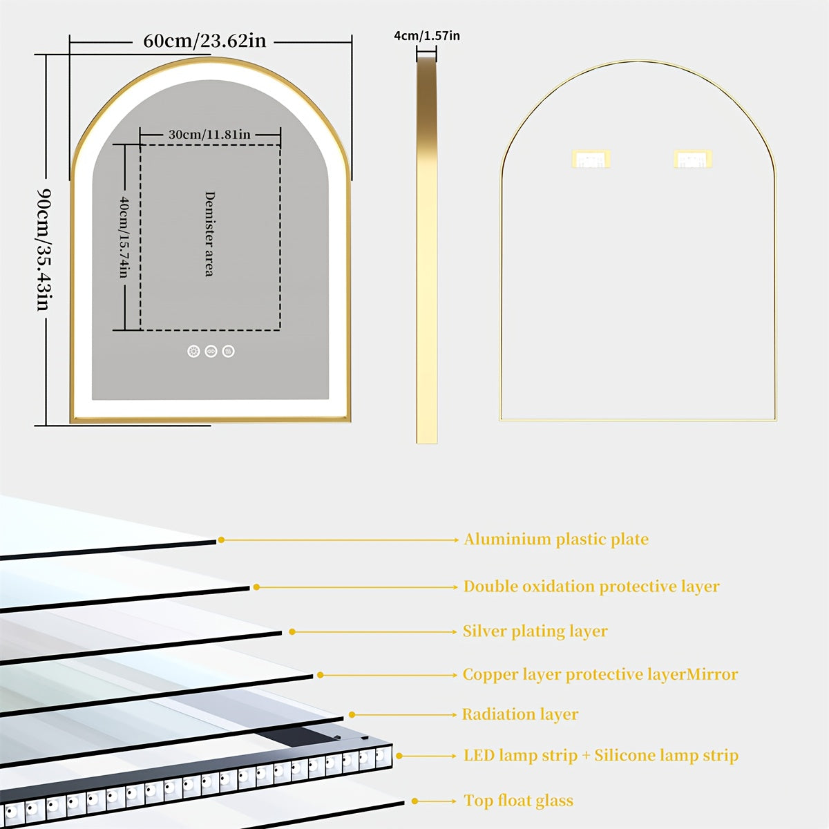 Badkamerspiegel – Led Spiegel – Wandspiegel – Make-up Spiegel – Anti Condens Spiegel – Goud Aluminium Frame – 60x60 cm – Dimbaar – Anti-Fog Verwarmingselement