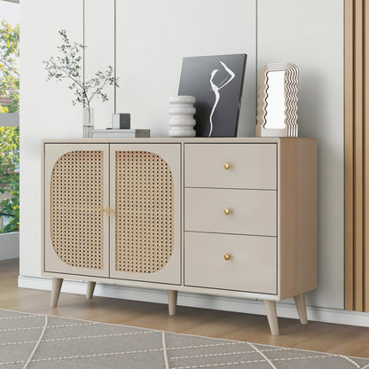 BTM Sideboard Storage Cabinet 120X40X82.5Cm, Off-White Cream with Rattan Fronts, 2 Doors & 3 Drawers, Wood Look, Modern Design for Living Room & Dining Room