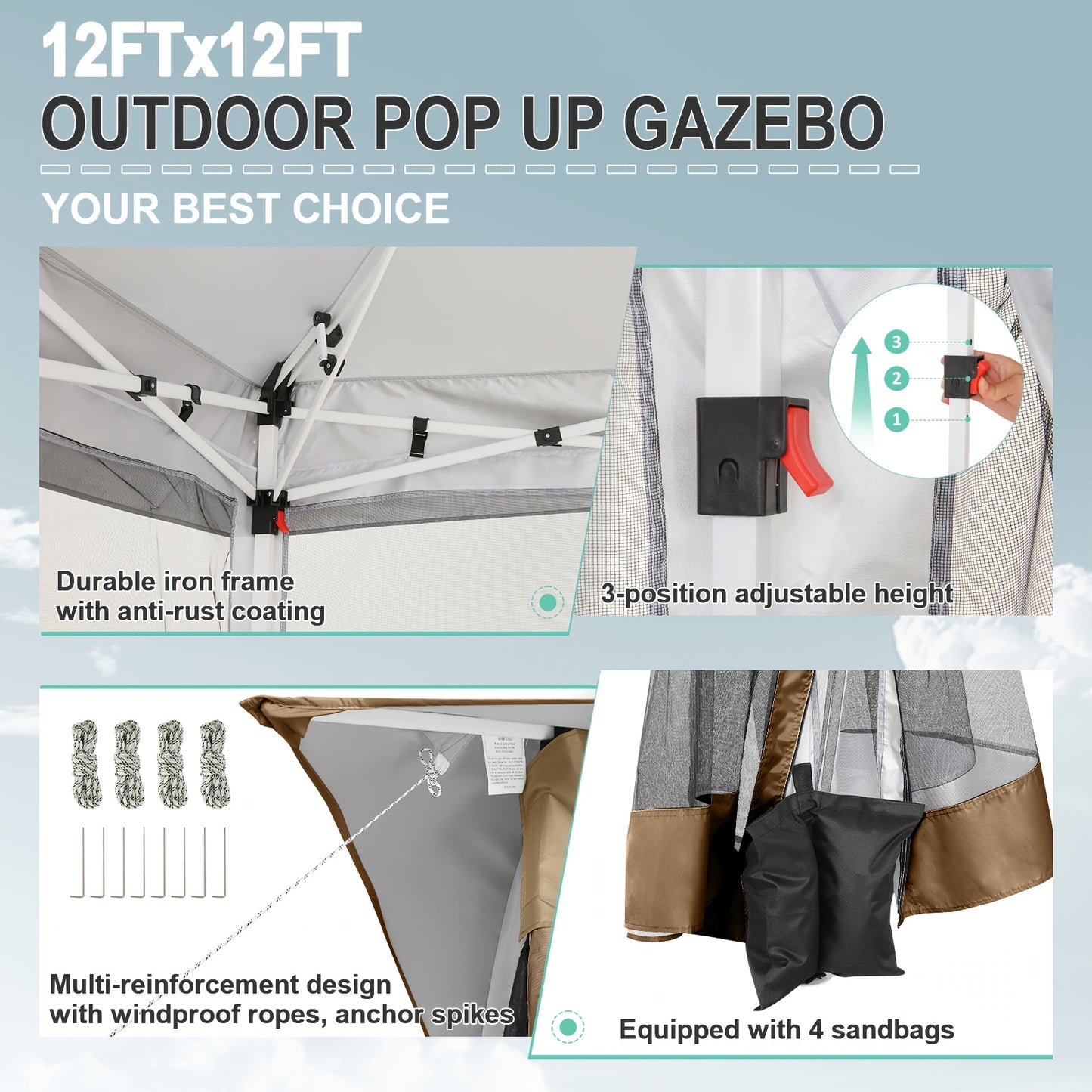 Partytent – Tuintent – Paviljoen – Feesttent – Bouwtent – Opvouwbaar – 3x3 m – Waterdicht Met Verstelbare Hoogte en Dubbel Ventilatiedak