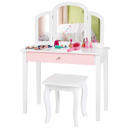 Makeup Tafeltje Kids – Make-up Tafel Kinderkaptafel – Speelmeubel Cosmetica – Prinsessen Kaptafel Meisjes – Triple Vouwspiegel – Inclusief Lade & Kruk – MDF Hout – Afneembare Spiegel