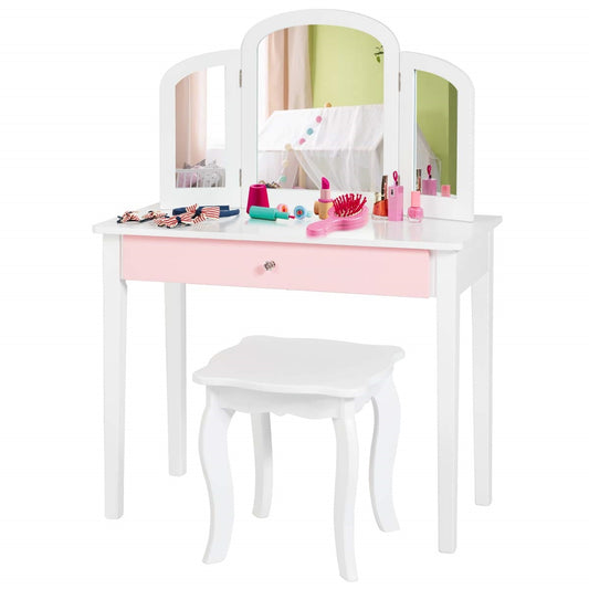 Makeup Tafeltje Kids – Make-up Tafel Kinderkaptafel – Speelmeubel Cosmetica – Prinsessen Kaptafel Meisjes – Triple Vouwspiegel – Inclusief Lade & Kruk – MDF Hout – Afneembare Spiegel