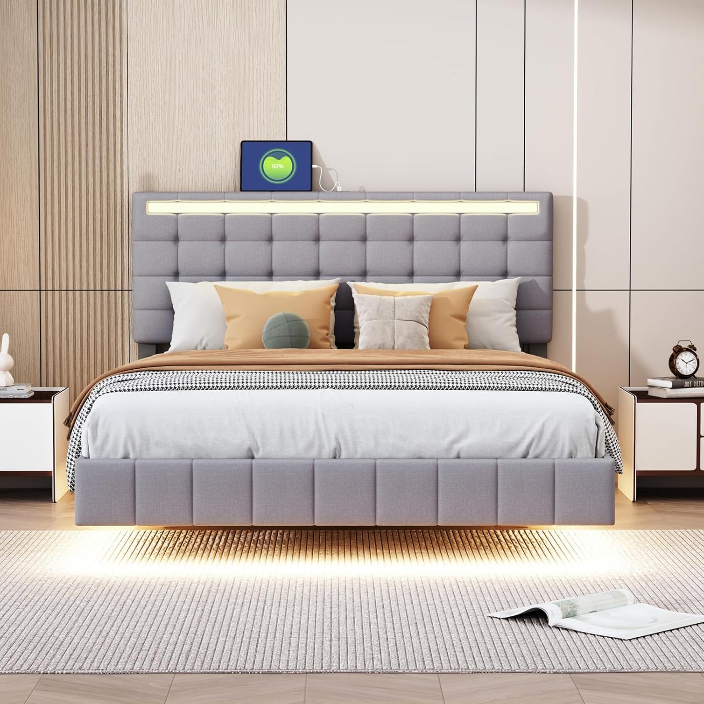 Bedframe – Gestoffeerd Bed – Tweepersoonsbed – Opbergbed – Led-bed – 140x200 cm – Linnen Bekleding – Usb Oplaadstations