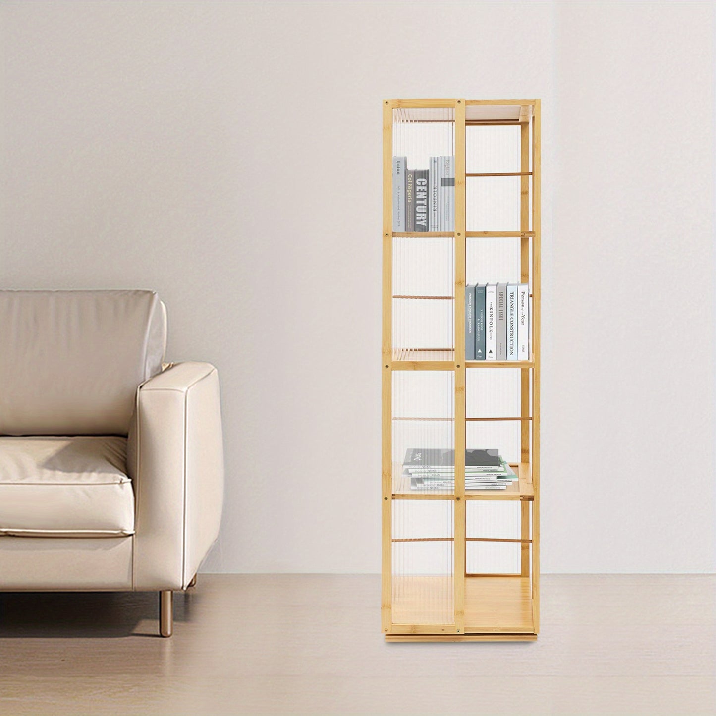 Boekenrek – Boekenplank – Boekenkast – Opbergkast – Draaibaar – 360° Draaibaar Ontwerp – Gerecycled Moso Bamboe & Acryl – Vrijstaand – 124 cm Hoog – Max 10 kg Per Plank