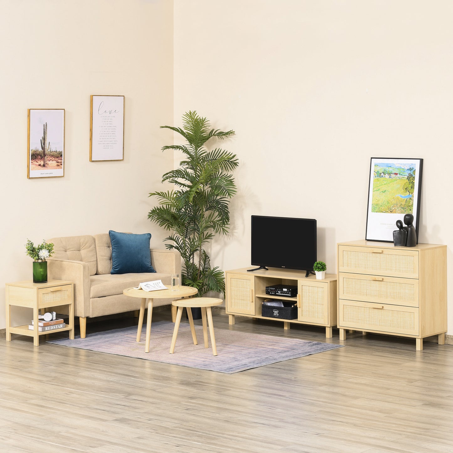 Opbergkast – Ladekast – Commode – Dressoir – Kast Beige – 3 Grote Lades – MDF Met Rotan Fronten