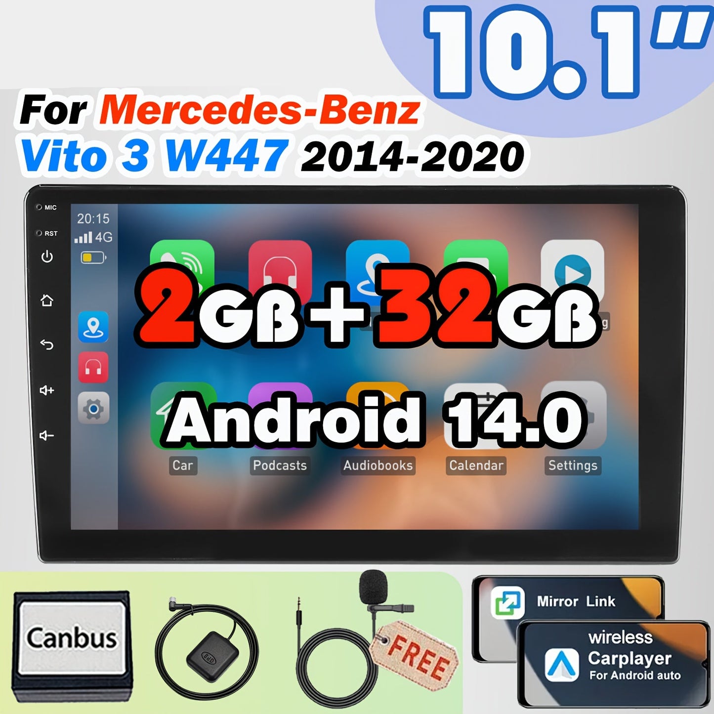 Autoradio – Touchscreen Stereo – Multimedia Speler – Navigatiesysteem – Android Radio – 10,1 Inch IPS Scherm – Android 14.0 – Draadloos CarPlay & GPS Navi
