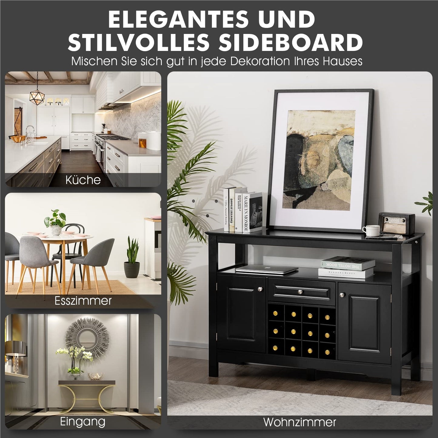 Dressoir – Buffetkast – Opbergkast – Ladekast – Kast – Zwart MDF – Inklapbaar Wijnrek – 116x40x82 cm