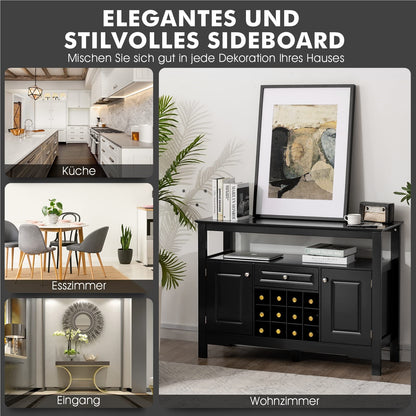 Dressoir – Buffetkast – Opbergkast – Ladekast – Kast – Zwart MDF – Inklapbaar Wijnrek – 116x40x82 cm